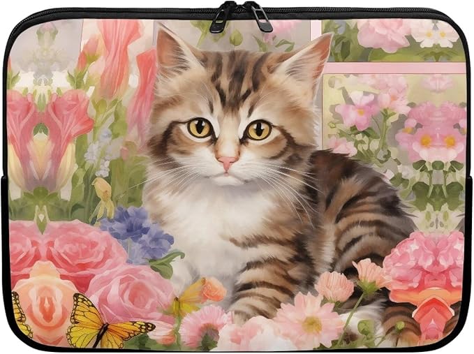 Cat Rose Printed Laptop Bag for Women Men, Lightweight Laptop Briefcase 13 Inch Shockproof Computer Carrying Cover with Zipper, Easy to Carry Laptop Case Bag for Daily Commuting