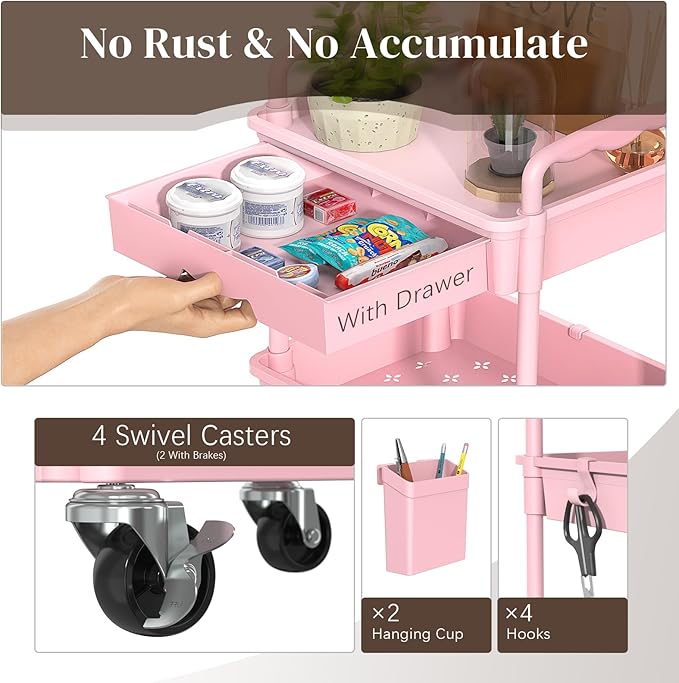 4 Tier Rolling Utility Cart with Drawer, Utility Storage Organizer with Plastic Shelf & Lockable Wheels Multifunctional Storage Cart for Kitchen, Bathroom, Office, Living Room, Pink