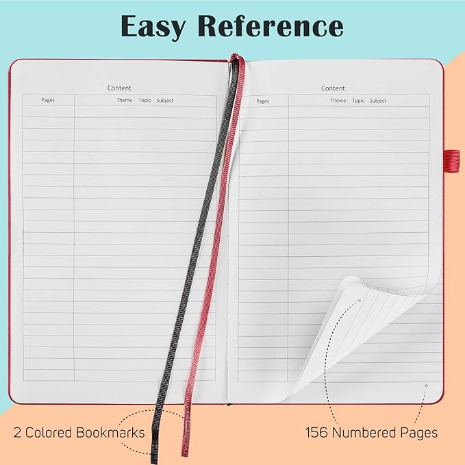 MALEDEN 7 Pack Lined Journal Notebook, Hardcover PU Leather Notebook for Men Women, 100 GSM Thick Numbered Pages with Index Content, Inner Pockets, Bookmarks, A5 Ruled Writing Journal Bulk (Red)