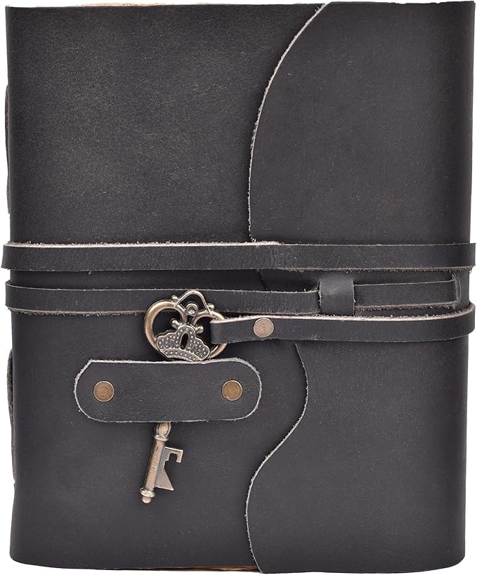 LEATHER VILLAGE Vintage Leather Journal – 200 Handmade Vintage Deckle Edge Paper – Leather bound Journal For Women Men – Vintage Key Closure - Book of Shadows - Black - 8X6 inches (A5)