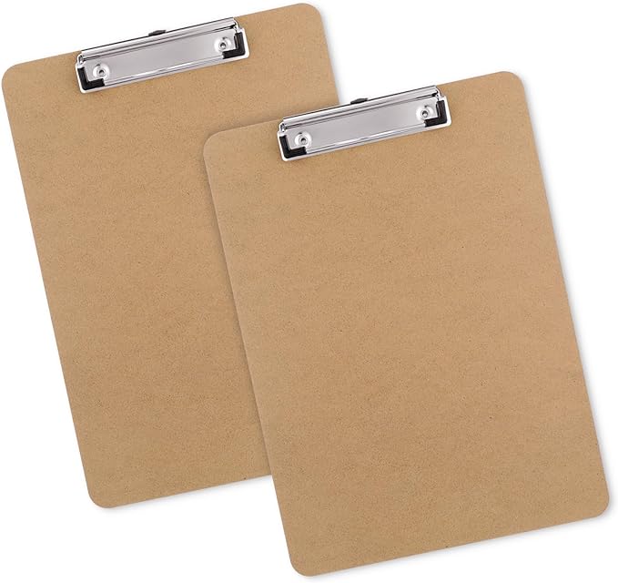 Wood Clipboards Set of 2, Letter Size Hardboard Clip Board 8.5x11 for Classroom, Students, Kid, A4 Standard Size 9" x 12.5" with Low Profile Clip, Office & School Supply