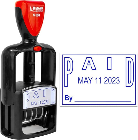 Self-Inking Rubber Date Office Stamp with Paid Phrase - Blue Ink - 12-Year Band