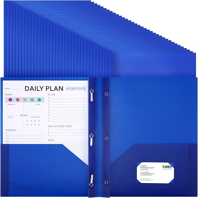 Cholemy 36 Pcs Plastic Pocket Folders with Prong 2 Heavy Duty Pockets Folders with 3 Prongs Letter Size Paper Folders Bulk File Plastic Folders with Fasteners for Office Workers (Blue)