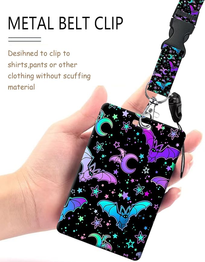 ID Badge Holder with Retractable Lanyard and Keychain, Badge Reel with Rotate Carabiner Clip,Colorful Bat Card Name Tag Lanyard ID Protector Bage Clips for Student, Women, Office