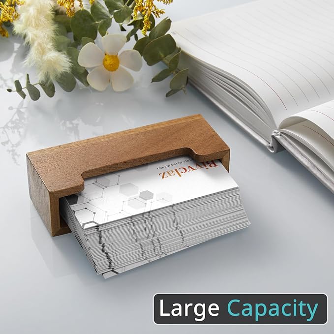 2 Pack Business Card Holder Desk, Acacia Wood Business Card Organizer Desktop Business Card Display Stand for Office Tabletop Exhibition, Small Business Essentials