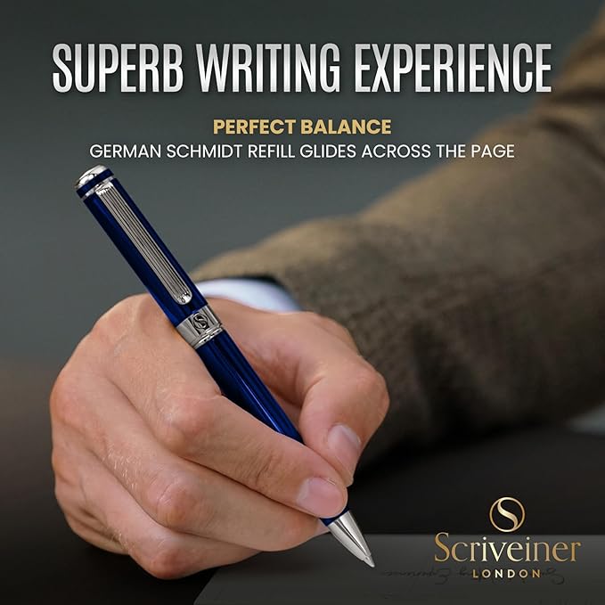 Scriveiner Personalized Midnight Blue Pen - Stunning Blue Lacquer Luxury Pen, Chrome Finish, Schmidt Ink Refill, Best Engraved Ball Point Gift Set for Men & Women, Custom Name Engraving