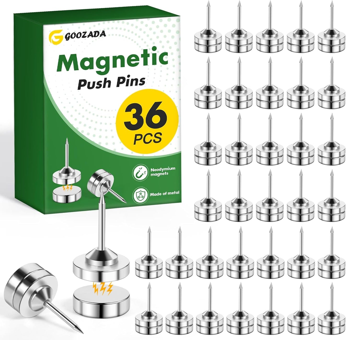 36 Pack Magnetic Pushpins, Silver Magnet Thumb Tacks, Metal Magnet Tacks, Decorative Pushpin Clip, Push Pins for Bulletin Board, Cork Board, Wall, Photo