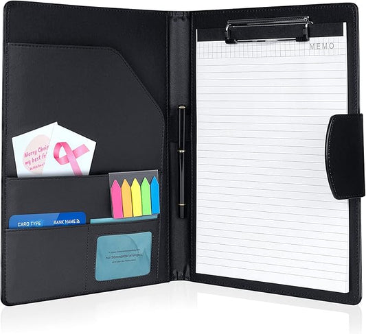 Padfolio Clipboard Folder, Leather Portfolio Organizer Binder with Magnetic Closure Cover for Interview Resume Office Conference, Business Portfolio Included Letter Sized Papers & Sticky Tabs & Pen