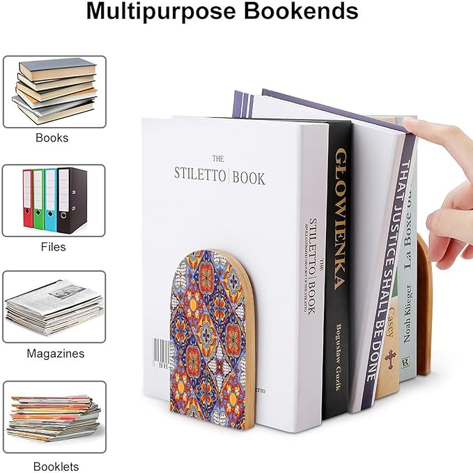 2 Pack Wood Bookends, Mexican Talavera Tile Mandala Non-Skid Book Ends for Heave Books, Decorative Bookends for Shelves Desk, Book Stoppers Book Holders for Home Office Library School