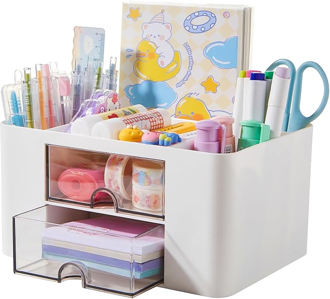 Pen Holder, Office Desk Organizer with Drawer, Pencil Holder for Desk Multi-Functional Pencil Pencil Cup Desktop Stationary Organizer Storage for Office School Home Art Supplies White