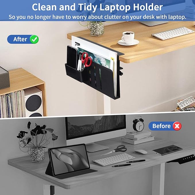 LUKETURE Desk Side Storage, Steel Side Desk Organizer, No Drill Laptop Holder, Clamp on Laptop Mount with Pen Holder, Table Hanging Storage for Home Office, Fits Flat Edge Tables 0.3" to 2.8"