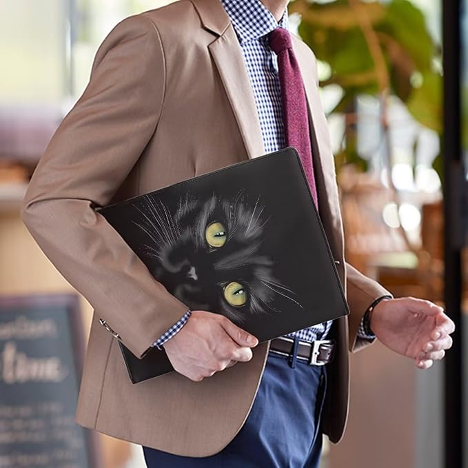 Black Cat Print Portfolio Folder Leather Padfolio with A4 Size Clipboard Clip for Business Resume Interview Document Sleeve Binder Folder for Men/Women