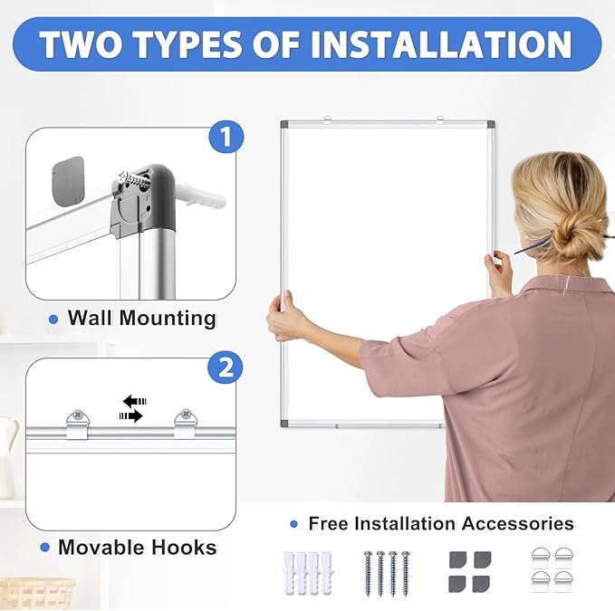 WALGLASS 2 Pack Magnetic White Board, 36" x 24" Double-Sides Dry Erase White Board for Wall, Hanging or Mounted Whiteboard, Horizontal or Vertical, Silver Aluminium Frame, Home, School, Office
