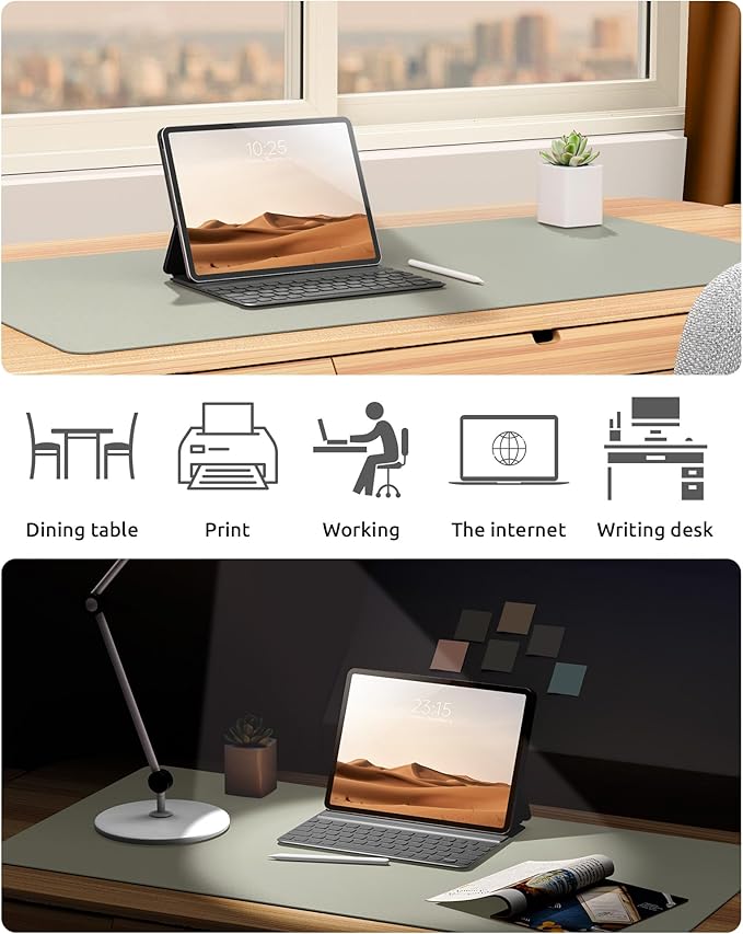 YSAGi Leather Desk Protector, Office Mat, Large Mouse Mat, Non-Slip PU Leather Blotter, Laptop Desk, Waterproof Writing Pad for Office and Home (Sage Green, 31.5" x 15.8")