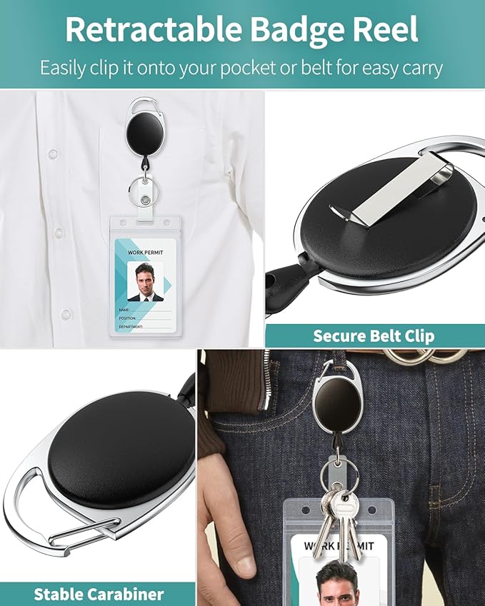 Uniclife 2 Pack Retractable Badge Reel for Badge Holder Heavy Duty Retractable Keychain Strong ABS Casing with Stainless Steel Spring Coil 24 Inch Nylon Rope Carabiner Clip and Key Ring