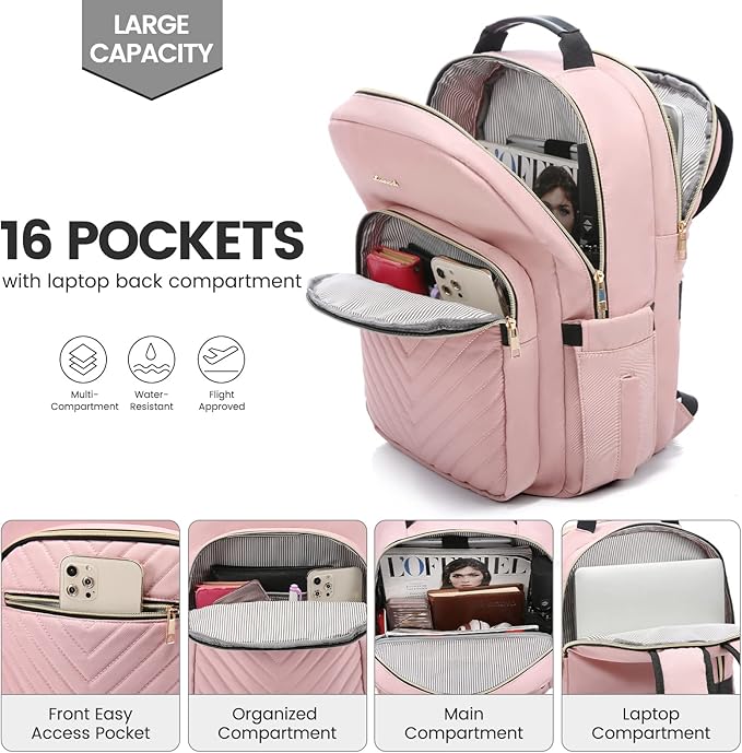 LOVEVOOK Laptop Backpack for Women 18.4 inch,Cute Womens Travel Backpack Purse,Professional Laptop Computer Bag,Waterproof Work Business College Teacher Bags Carry on Backpack with USB Port,Pink