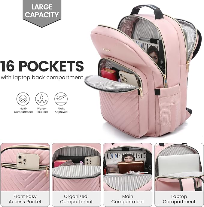 LOVEVOOK Laptop Backpack for Women 15.6 inch,Cute Womens Travel Purse,Professional Laptop Computer Bag,Waterproof Work Business College Teacher Bags Carry on Backpack with USB Port,Pink