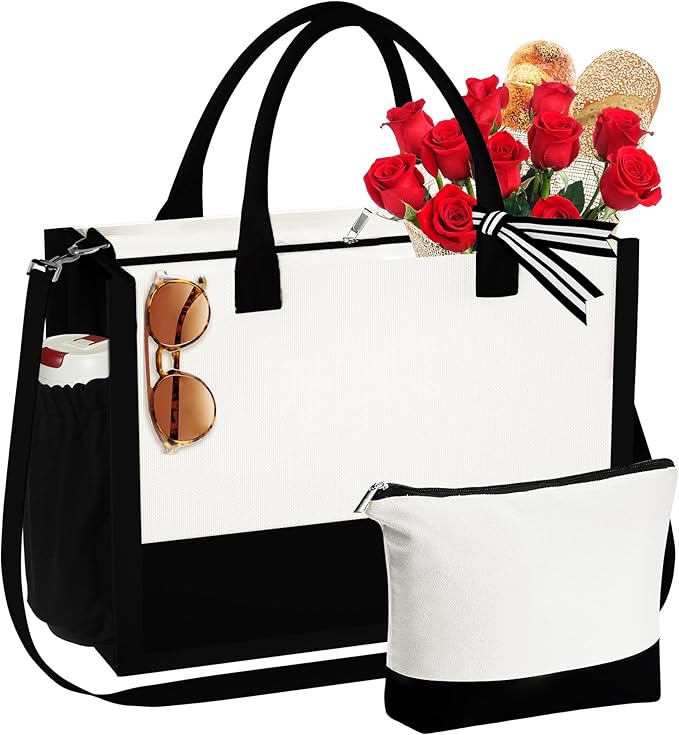 YOOLIFE Christmas Gifts for Women - Initial Canvas Tote Bag & Makeup Bag Birthday Gifts for Women Mom Friend Teacher Sister