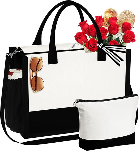 YOOLIFE Christmas Gifts for Women - Initial Canvas Tote Bag & Makeup Bag Birthday Gifts for Women Mom Friend Teacher Sister