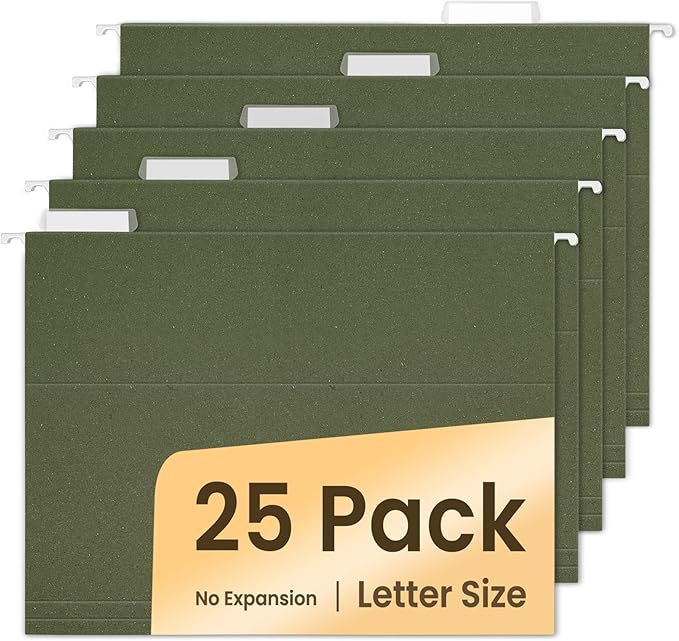 SUNEE Hanging File Folders, 25 Pack Reinforced Hang Folders Letter Size, Adjustable 1/5-Cut Tabs, Designed for Bulky Files, Filing Cabinet, Standard Green