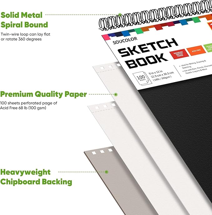 Soucolor 9" x 12" Sketch Book, 2-Pack 100 Sheets Spiral Bound Art Sketchbook, Acid Free (68lb/100gsm) Artist Drawing Book Paper Painting Sketching Pad