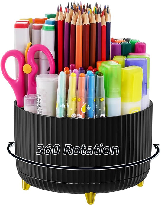 Marbrasse Desk Organizer - 360-Degree Rotating Pen Holder with 5 Compartments, Art Supply Storage Box Caddy for Office and Home (Black)