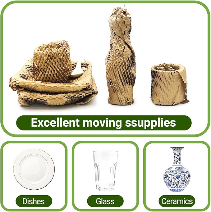 Moving Dish Packing Kit Plate Protector Sleeve, Packing Supplies for Dishes, Honeycomb Wrapping Paper Roll 15 inch *300 Feet Large Bubble Cushion Wrap Shipping Material for Fragile Items