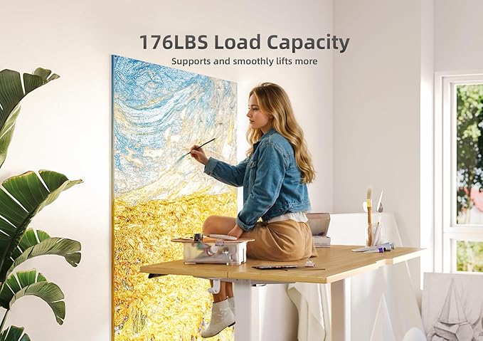Bamboo Electric Standing Desk, Adjustable Height Stand up Desk, 48x24 Inches Sit Stand Home Office Desk with Splice Board, White Frame/BambooTop