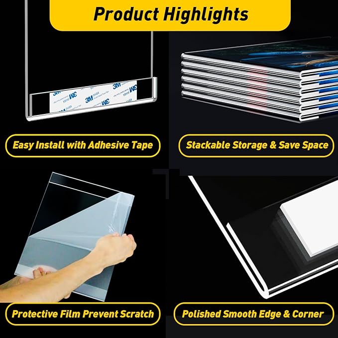 3 Pcs Acrylic Sign Holder 5 x 7, Vertical Wall Mount Sign Holders with 3M Adhesive, Clear Plastic Frames Paper Display Sign Holders for Office, Home, Store, Restaurant - No Drilling