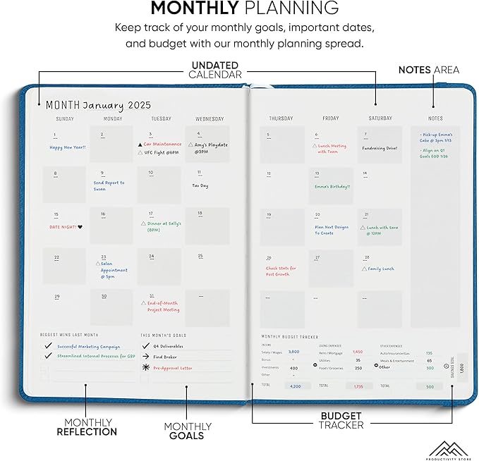 PRODUCTIVITY STORE Pro Max - Undated, 2025 Planner, 8.5" x 11" - The #1 Productivity Planner to Achieve Your 2025 Goals - Planner 2025-2026 - Navy - A4