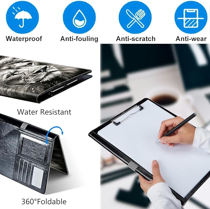 Lion Padfolio Folder with Clipboard,Portfolios Organizer Clipboards with Storage Clipboard Writing Pad PU Leather Conference Document Organizer with Business Card Holder