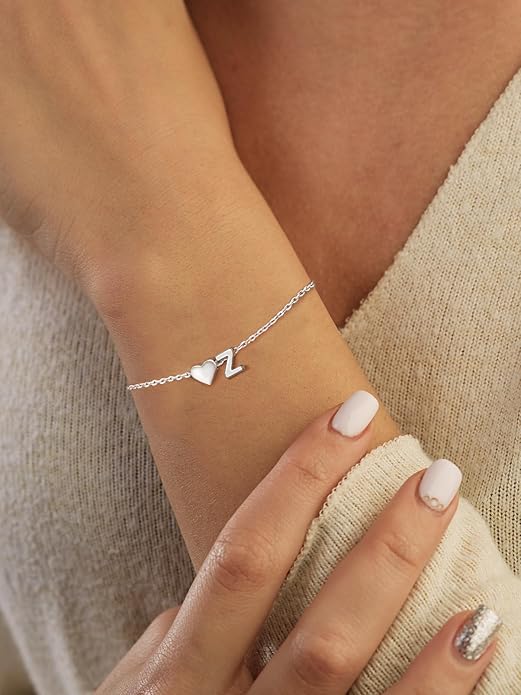 Silvora 925 Sterling Silver Dainty Initial Bracelet with Heart - 6.3" + 2" Adjustable Personalized 26 Letter Bracelet Jewelry Heart Bracelet for Women