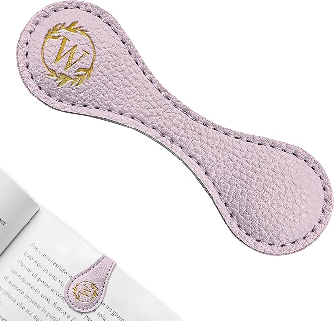 ABTOLS Magnetic Leather Initial Bookmarks, Vintage Initial ID Identification Book Marker Clip Gift Purple Capital Letter Book Markers for Book Lover Avid Readers (W)