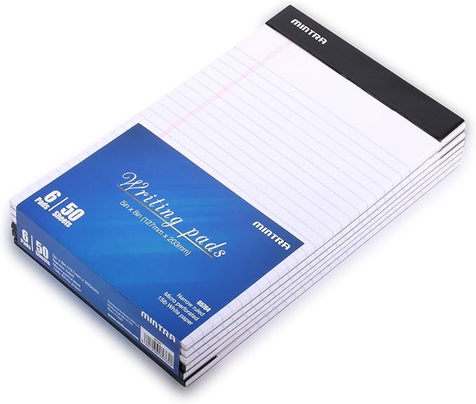 Mintra Office Legal Pads - ((BASIC WHITE 6pk, 5in x 8in, NARROW RULED)) - 50 Sheets per Notepad, Micro perforated Writing Pad, Notebook Paper for School, College, Office, Business