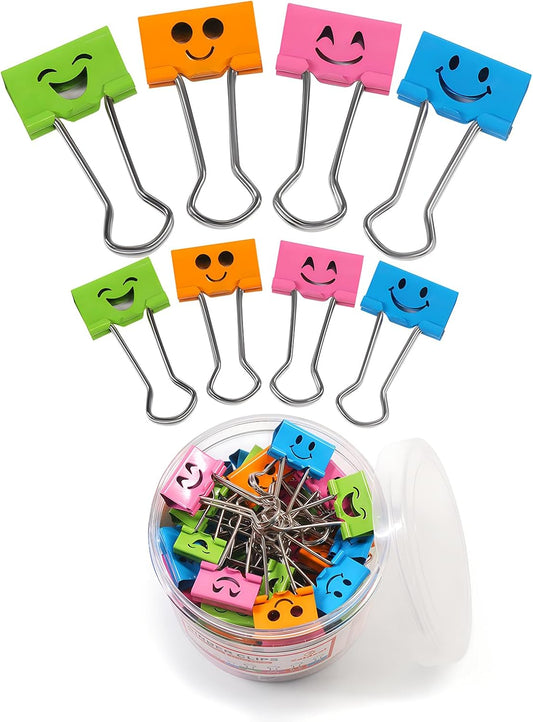 Coideal Smiley Binder Paper Clips - 100 Pcs Assorted Sizes and Colors, Metal Colored Fun Clip Clamps with Cute Smiling Face Design for Office (19mm & 25mm)