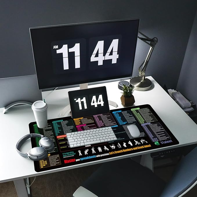 Excel Cheat Sheet Desk Pad, Updated Shortcuts & Gaming Desk Mat (31.5"x11.8") | Non-Slip, Spill-Proof, Black Fabric & Rubber Mat | Employee Appreciation Gift
