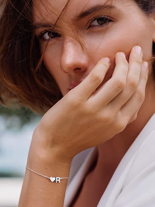 Silvora 925 Sterling Silver Dainty Initial Bracelet with Heart - 6.3" + 2" Adjustable Personalized 26 Letter Bracelet Jewelry Heart Bracelet for Women