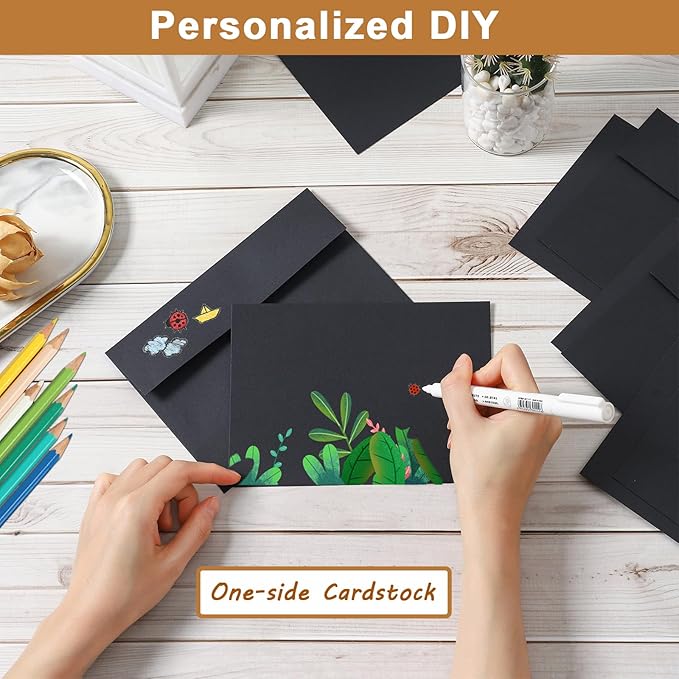 100 Packs Black Note Cards and Envelopes 4.25 x 5.5 Heavyweight Flat Cardstock and A2 Envelopes Printable Self Seal for DIY Greeting Cards, Wedding Invitations, Graduations