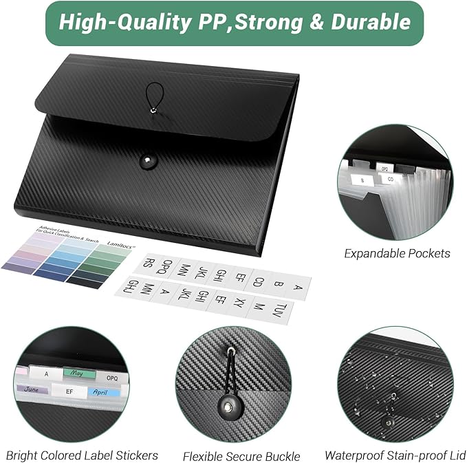 2 PCS Expanding File Folder A4,13 Pockets File Organiser with Colored Tags, Paperwork A4 Plastic Wallet Document Storage Expander for School,Office and Home, Black