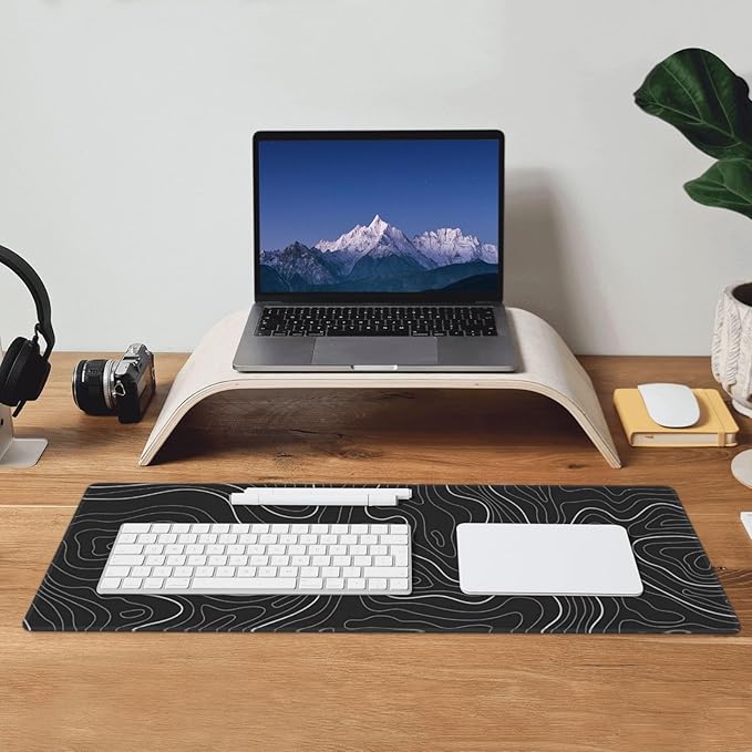 Extended Gaming Mouse Pad, Large Gaming Mouse Waterproof with Stitched Edges, Non-Slip Desktop Pad for Home and Office, Level Up Your 31.5x11.8 Inch… (Black Topographic)