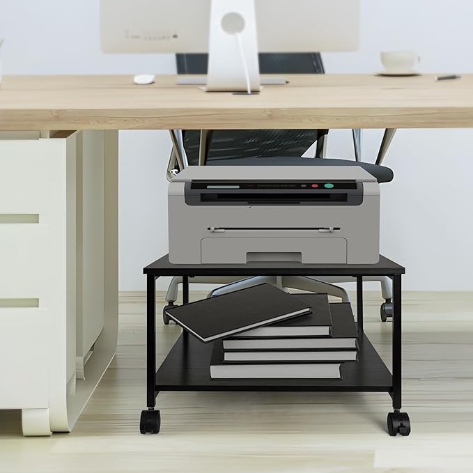 EMERIT 2-Tier Under Desk Printer Stand w/Storage - 19.5x19.5x12.8''Heavy Duty Rolling Cart, Mobile Printer Table with Lockable Wheels for Home Office Organization - Industrial Style