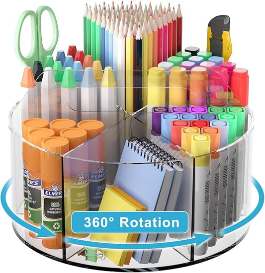 Acrylic Pen Holder for Desk, Acrylic Desk Organizer Clear, 360 Degree Pencil Holder for Desk Kids, Rotating Desk Organizer Rotating Pen Holder for Desk, Art Supply Storage Organizer 6 Compartments
