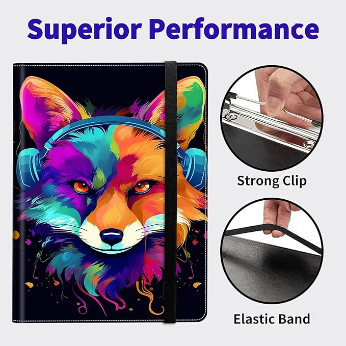 Fox Wearing Headphones PU Leather Padfolio Clipboard Notepad with Pen Loop and Elastic Strap Interview/Resume Document Organizer for Business School Office