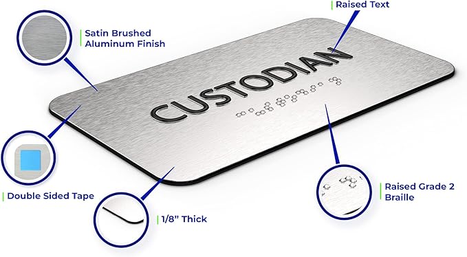 ADA Custodian Closet Sign for Business - Office Signs, Aluminum Brushed Silver, Tamper-Proof, Heavy Duty Mounting Tape, Easy Install, Office Décor, ADA Compliant, Grade 2 Braille (7”W x 4”H) ADASigns.org