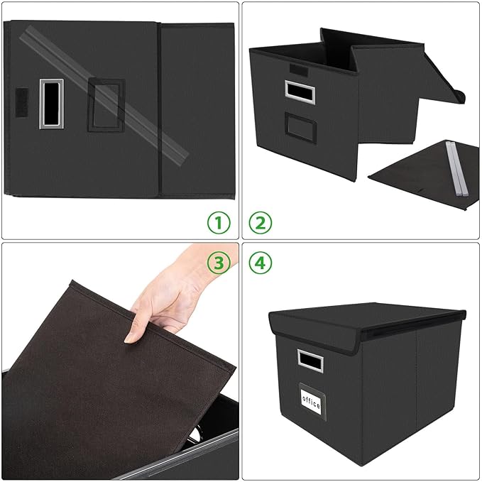 Huolewa Upgraded File Organizer Box with Lid, Collapsible Faux Leather Hanging File Folder Box Organizer with Plastic Slides, Decorative Home/Office Filing System Box for File and Folders Storage