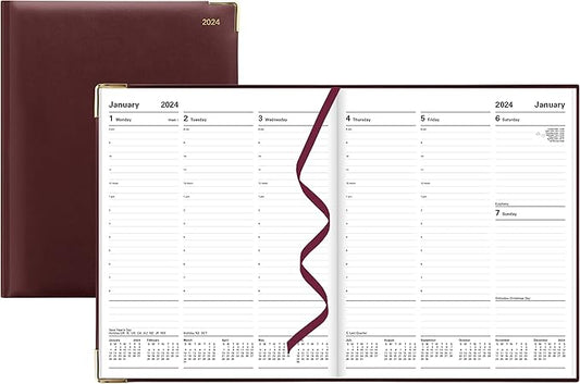 Letts of London Classic Weekly Planner, 12 Months, January to December, 2024, Appointments, Gold Corners, Quarto Size, 10.25" x 8.25", Burgundy (C32YBY-24)