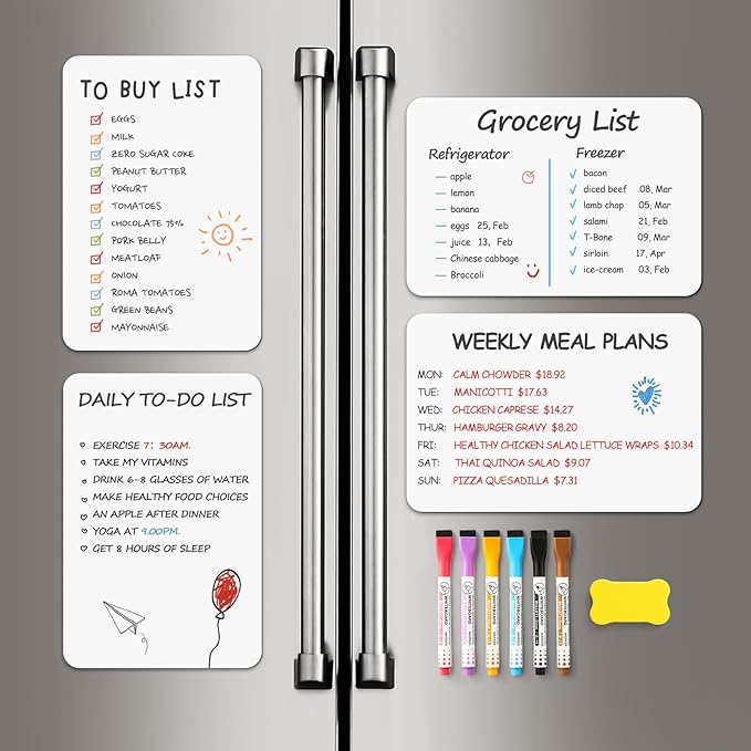 6 Pack Magnetic Dry Erase Board Sheet for Fridge, 12"x8" Erasable Refrigerator WhiteBoard w/ 6 Markers & 1 Eraser- Smooth and Flexible Small Magnet Blank Notepad for Home Kitchen Organizer and Planner