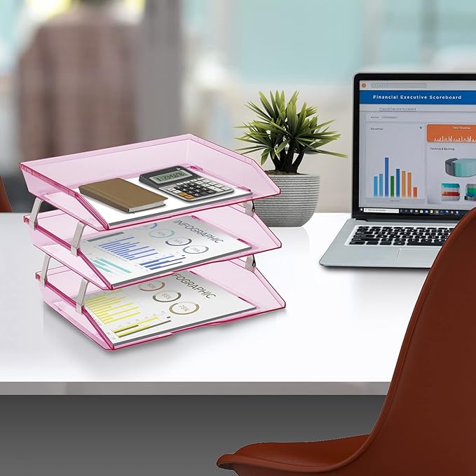 Acrimet 3 Tier Side Load Letter Tray Facility, Desktop File Organizer, A4 Letter Size Paper Organizer, Minimalist Storage Solution Paper Tray for Office, Home, Classroom (Plastic, Clear Pink Color)