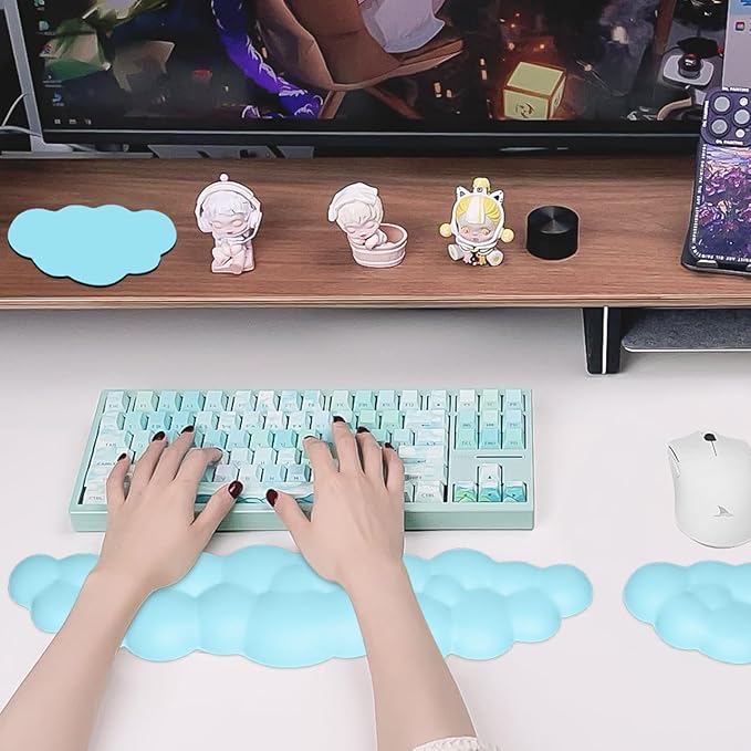 JIKIOU Upgrade Leather Cloud Keyboard Wrist Rest, Cloud Wrist Rest with Non-Slip PU Base, Comfortable Memory Foam Wrist Rest for Computer Laptop Mac Gaming Office and Pain Relief Christmas Wish Gift