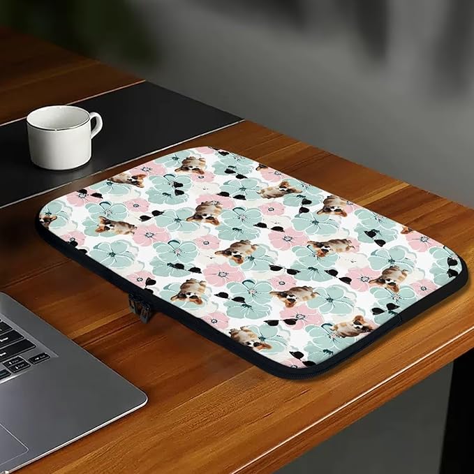 Corgi Dog Printed Computer Bags for Laptops for Women Men, Shockproof 12 Inch Laptop Case Bag Floral Print Messenger Bag with Zipper, Laptop Case Computer Carrying Cover Easy to Carry